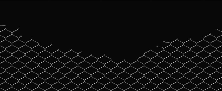 Torn, realistic chain-link fence, banner bottom border, isolated black background.
