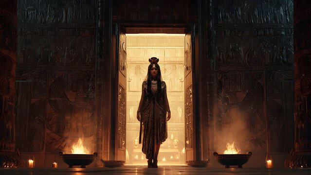 Egyptian royal woman standing in a golden temple door with fire lights