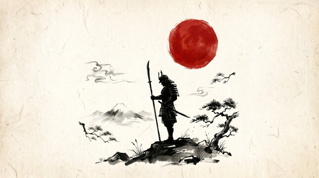 Japanese Samurai Silhouette Standing with Naginata Spear under Red Sun in Sumi e Style
