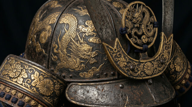 Ornate Ancient Japanese Samurai Kabuto Helmet Featuring Intricate Gold Dragon Inlay Patterns and Floral Details