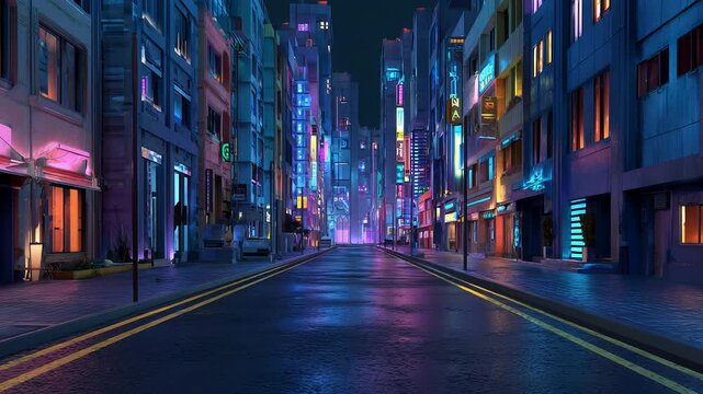 Empty cyberpunk city street with neon lights, photorealistic futuristic night cityscape, 3D illustration background