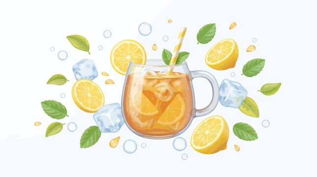 Refreshing iced tea with lemons and mint leaves floating around a glass cup on a summer day with ice cubes.