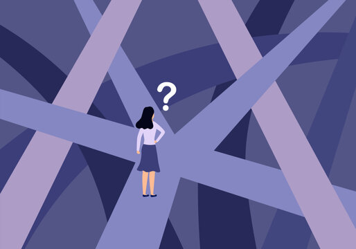 Undecided woman stands at a crossroads with multiple different directions symbolizing complex decision making.