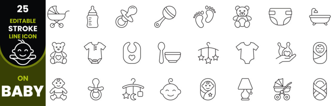 Baby care related editable line art icon set. Icon on childhood, bottle, carriage, clothes, diaper, infant, footprint, doodle, toy, toddler and many more