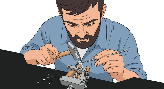 A bearded man with a serious expression uses a small metal hammer to carefully adjust a ring held inside a miniature vise on a dark work surface.