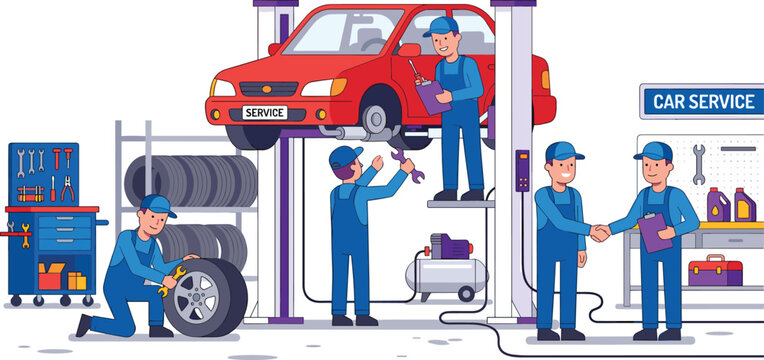 Professional Auto Mechanic Team Working in Car Service Garage Repairing Vehicle on Lift with Tire Replacement and Maintenance Tools for Automotive Workshop Vector