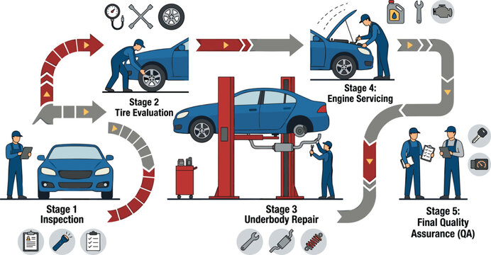 Professional Automotive Service Process Infographic Showing Car Inspection, Tire Evaluation, Underbody Repair, Engine Servicing, and Quality Assurance Stages for Garage Maintenance Workshop Vector