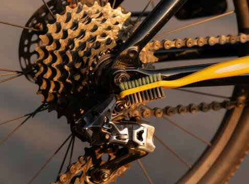 Close up view of bicycle rear derailleur getting cleaned with yellow toothbrush. Gears and chain appear dirty, suggesting maintenance. Bike owner cares for drivetrain.