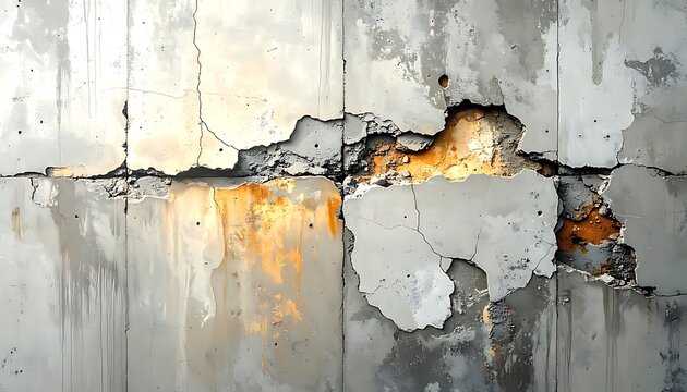 Weathered concrete wall with rust damage.