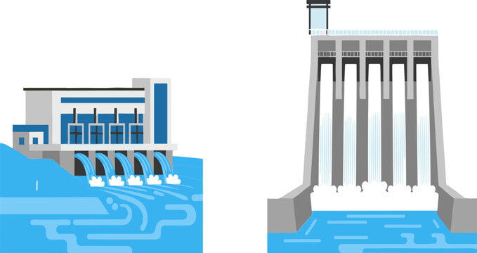 Hydroelectric Dam Collection with Water Power Plant Turbines Electricity Generation Renewable Energy Infrastructure Vector Illustration Set
