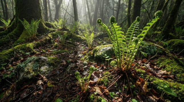 Close-up of emerald green fern fronds unfurling as fiddleheads on a mossy forest floor in a misty ancient woodland with morning sunlight filtering through trees and casting shadows.