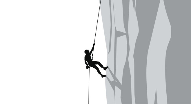 A black silhouette figure of an individual rappelling down a stylized grey rock cliff face depicted in a minimalist graphic illustration against a solid white background.