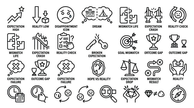 Icons representing expectations, reality, dreams, and emotions on transparent background.