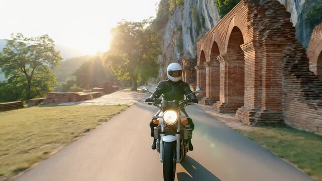 Rider wears helmet, drives motorbike past old brick archway ruins, warm sun glows over green mountains on winding scenic travel route.