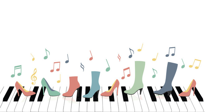 Various colorful high-heel shoes and elegant boots are arranged standing atop a monochrome piano keyboard with musical notes floating in the clear white space.