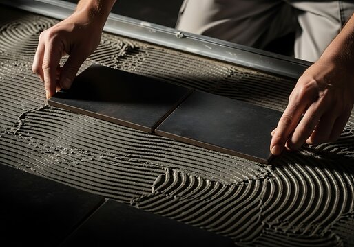 Tiler Carefully Places Dark Rectangular Tile Onto Adhesive for Flooring Installation