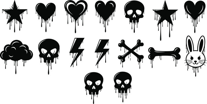 Dripping melting icons set with black silhouettes of hearts stars skulls lightning bolts and bunny head for alternative fashion and urban streetwear graphic designs