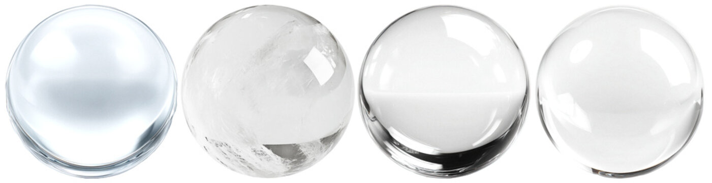 Four unique crystal balls displaying internal textures and reflections, isolated on a transparent background.