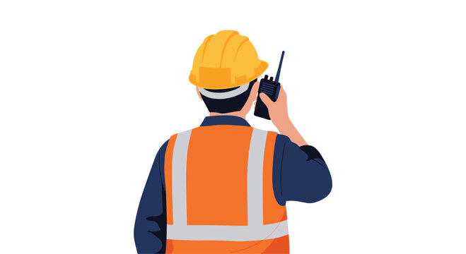 The rear view of a construction professional wearing an orange high-visibility safety vest and yellow hard hat communicates using a portable radio on white background.