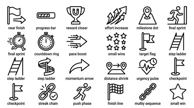Set of vector line icons illustrating goals, achievements, progress, and motivational elements.