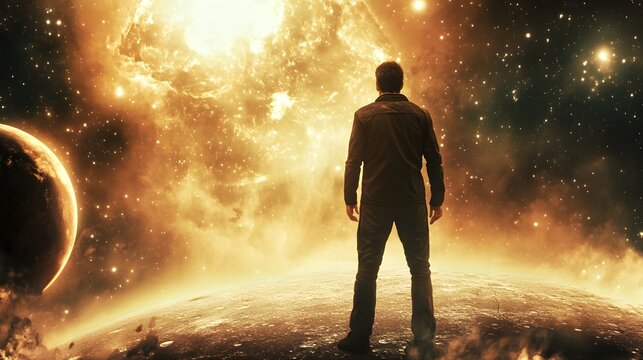 Man gazes at a cosmic explosion and distant planet