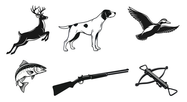 Hunting Icons: Deer, Dog, Duck, Fish, Rifle, Crossbow - Vector Set