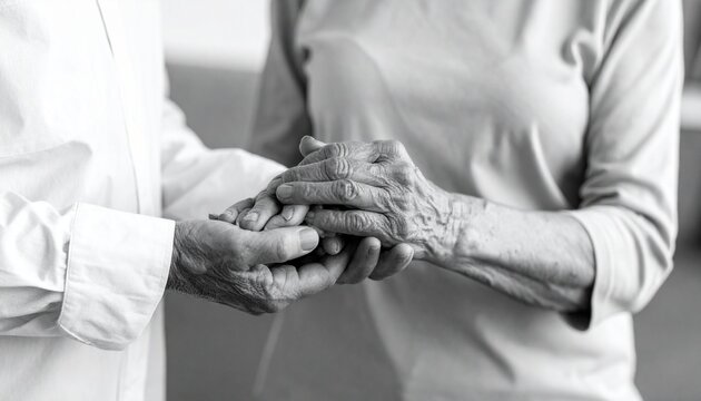 Elderly hands clasped in supportive gesture showing care and compassion black and white photo