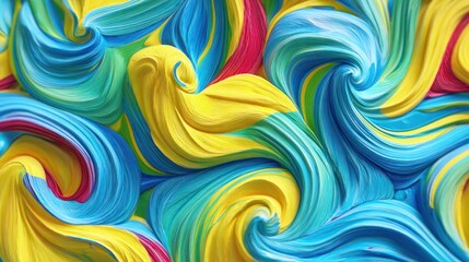 Fototapeta premium Vibrant strands of yellow, blue, and magenta material intertwine in a dynamic, swirling pattern