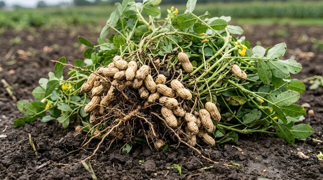 Harvested peanut plants with roots and pods in agricultural field