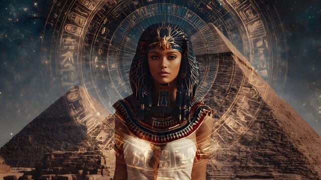 Portrait of an Egyptian queen with pyramids and mystical golden aura