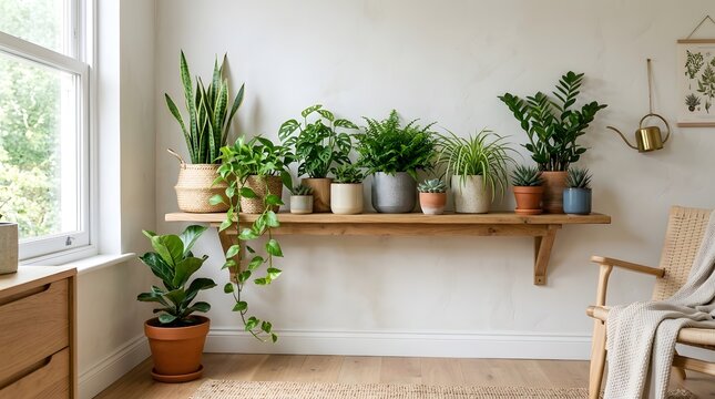 Cozy indoor plants on wooden shelf in modern living room