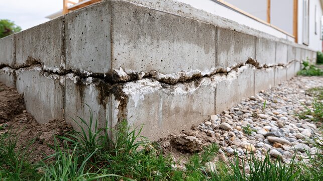 A significant horizontal crack running along a concrete strip foundation of a house, showing signs of structural damage, soil subsidence, and home settling.