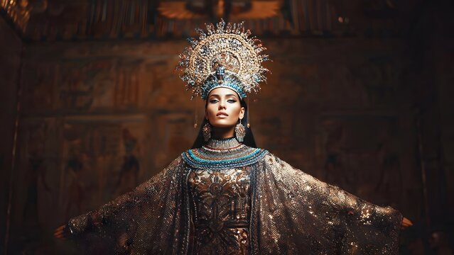 Stunning woman in royal pharaoh costume posing in an ancient tomb setting