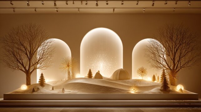 Elegant monochromatic stage design features illuminated arches and bare winter trees