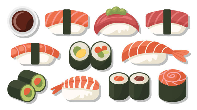 assorted sushi pieces and rolls with soy sauce on white background