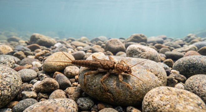 Stonefly nymph crawling on riverbed rocks in clear freshwater stream