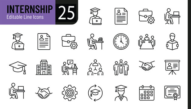Internship Editable Line Icons Set for Career Development, Education, and Work Experience.