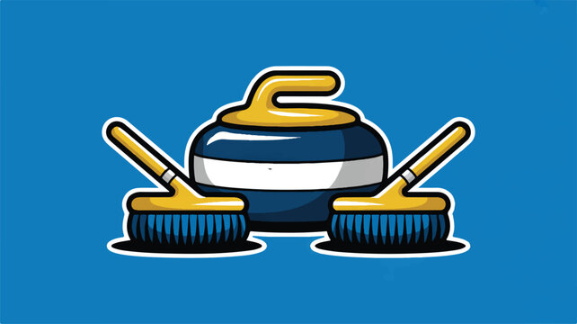 Curling stone and brooms on blue background