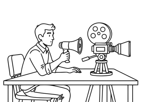 Filmmaker Directing with Megaphone Next to Vintage Camera, Movie Production Concept