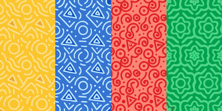 Colorful abstract geometric pattern with four segmented designs in yellow blue red and green
