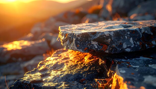 Rocky landscape with warm sunset light.