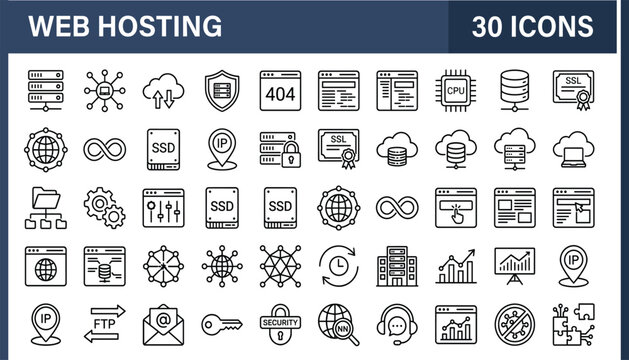 Web Hosting Editable Line Icons Set for Servers, Security, Data, Cloud, IP, Storage, SSL, and Internet Infrastructure.