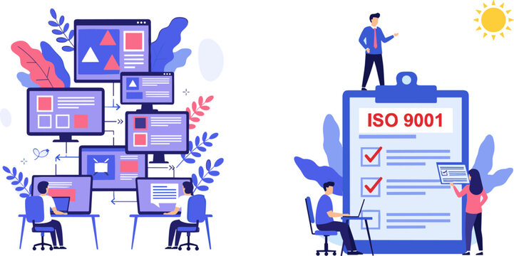 ISO 9001 Quality Management System and Network Data Architecture Vector Illustration Set for Business Compliance, Certification, IT Infrastructure, and Process Optimization