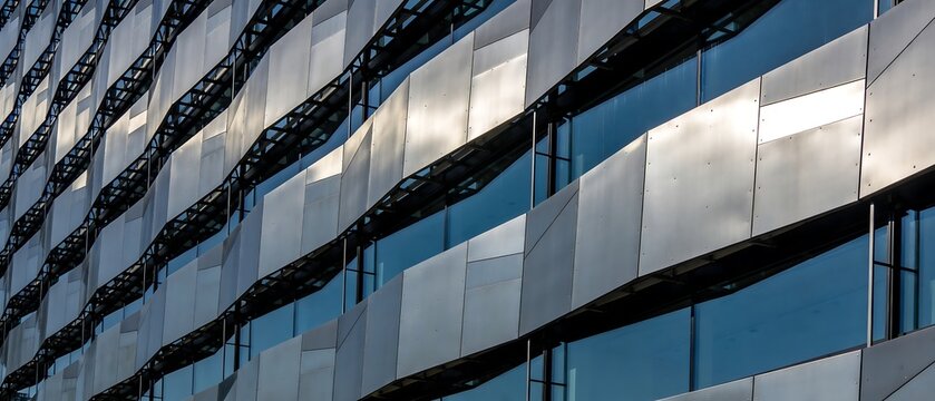 Modern architectural facade with glass windows and a unique design.