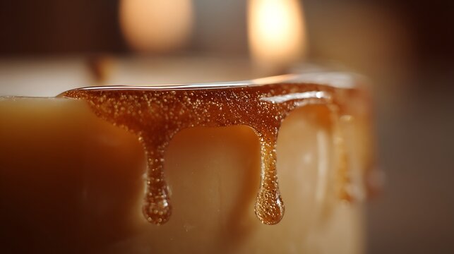 Close up of golden caramel syrup dripping down the side of a dessert.