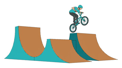 Naklejka premium Teenager performing a bike stunt on a brown and teal skate park ramp