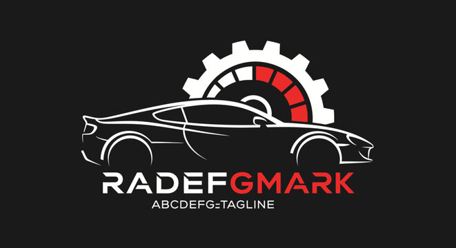 Sleek sports car logo with gear and speedometer for automotive branding.