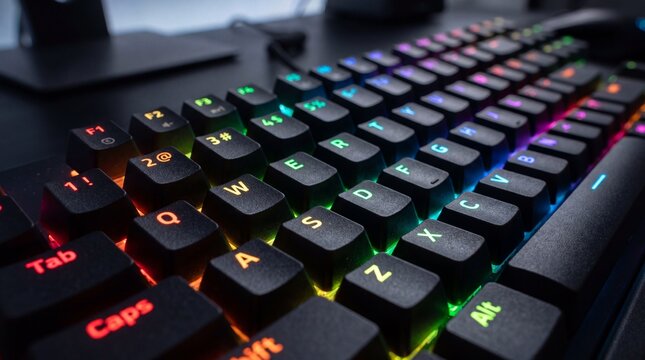 Close-up view of a colorful keyboard with glowing keys on a desk
