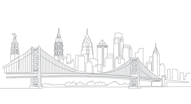 Philadelphia Skyline and Benjamin Franklin Bridge Line Art