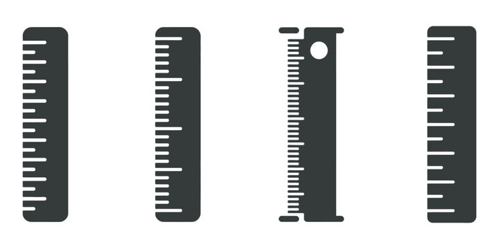 Vertical measuring ruler icon set, four rulers with clear scale markings, minimalist black and white precision measurement vector symbols for education and design concepts.